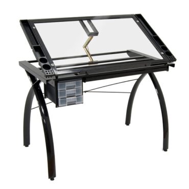 Workstation - Tekentafel zwart metaal met glazen werkblad