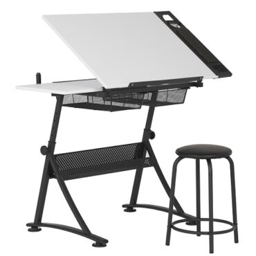 Workstation - Tekentafel zwart metaal met kruk