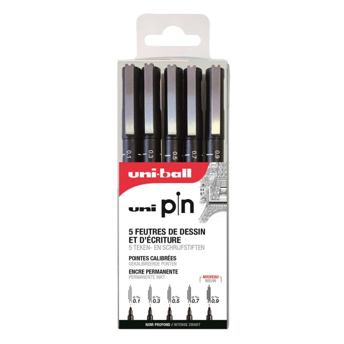 Uni PIN Watervaste Fineliner – SET 5 BLACK 0.1/0.3/0.5/0.7/0.9mm