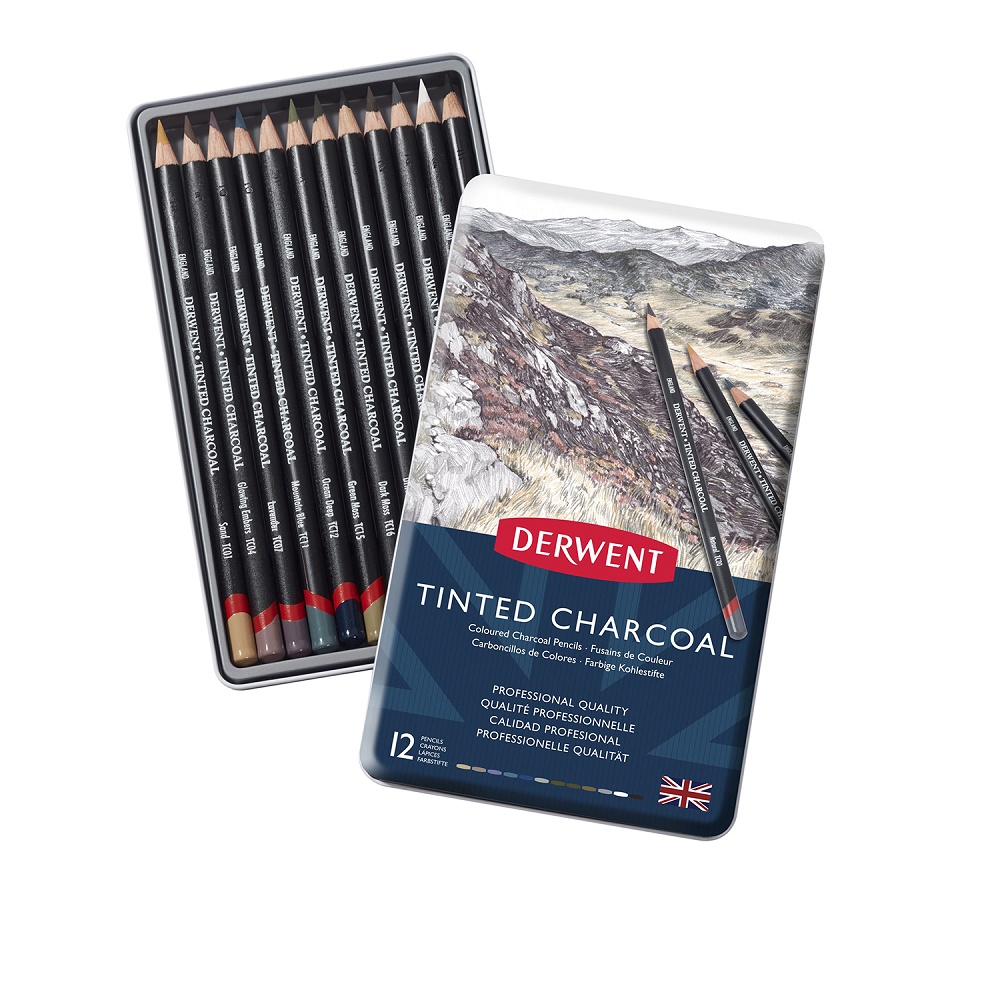 Derwent Tinted Charcoal houtskoolpotloden set 12 kleuren