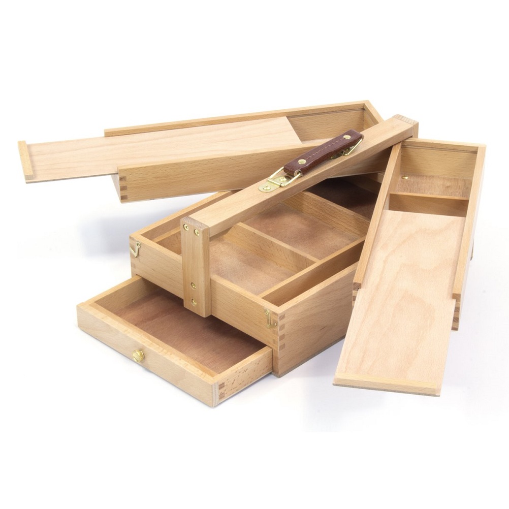 Schilderskist beukenhout 23,5x13x34cm 3 lagen, 4 laden met handvat