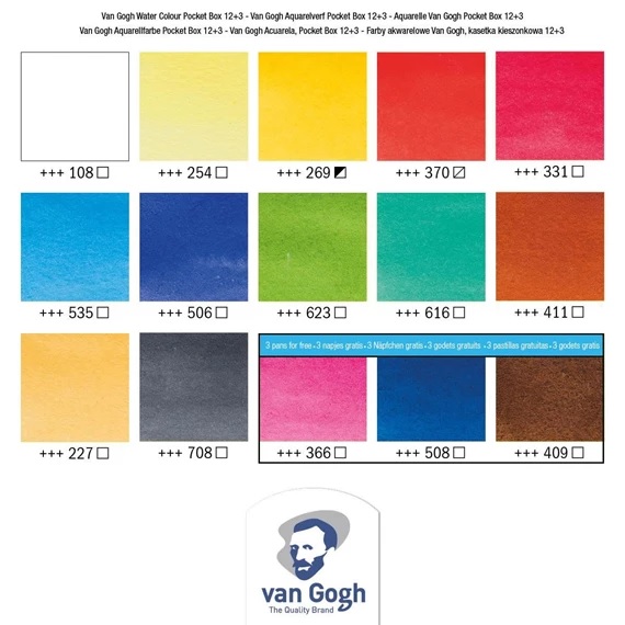 Van Gogh Aquarel Pocket Box - SET 12x 1/2 napjes + 3 gratis kleuren