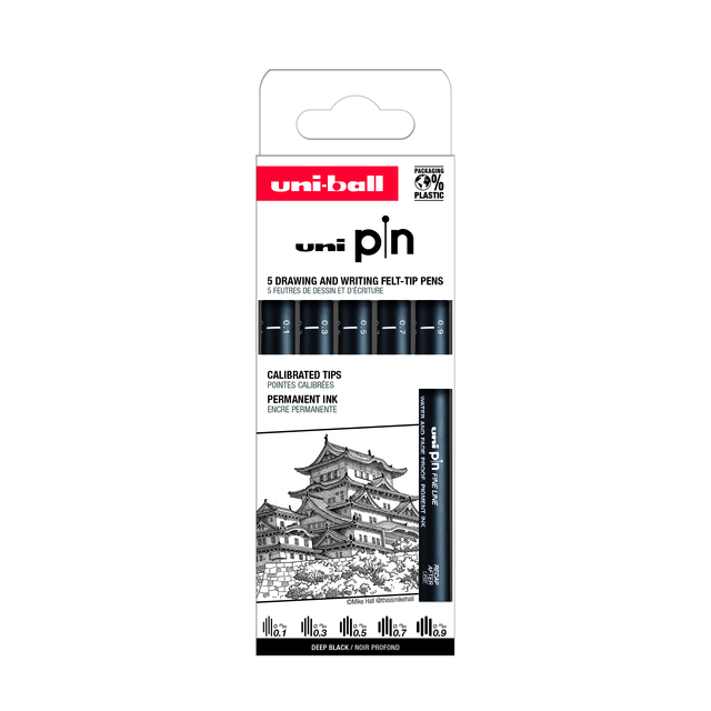 Uni PIN Watervaste Fineliner – SET 5 BLACK 0.1/0.3/0.5/0.7/0.9mm